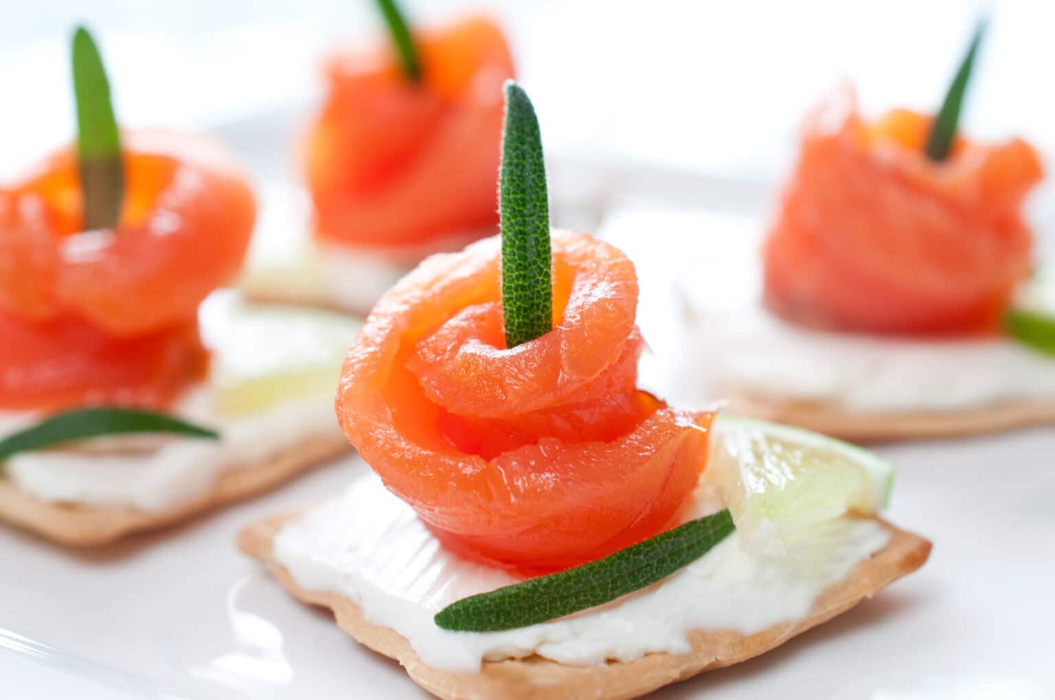 Canapes with smoked salmon and cream cheese close up