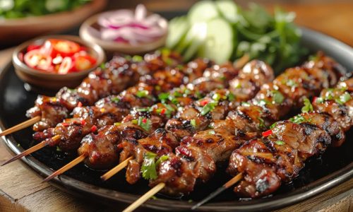 A plate of meat skewers with a side of vegetables. The skewers are grilled and have a spicy flavor. The vegetables include cucumbers and onions. The plate is set on a wooden table